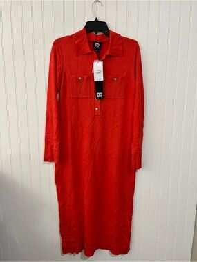 DD Collection Red Long-Sleeve Shirt Dress with Front Pockets